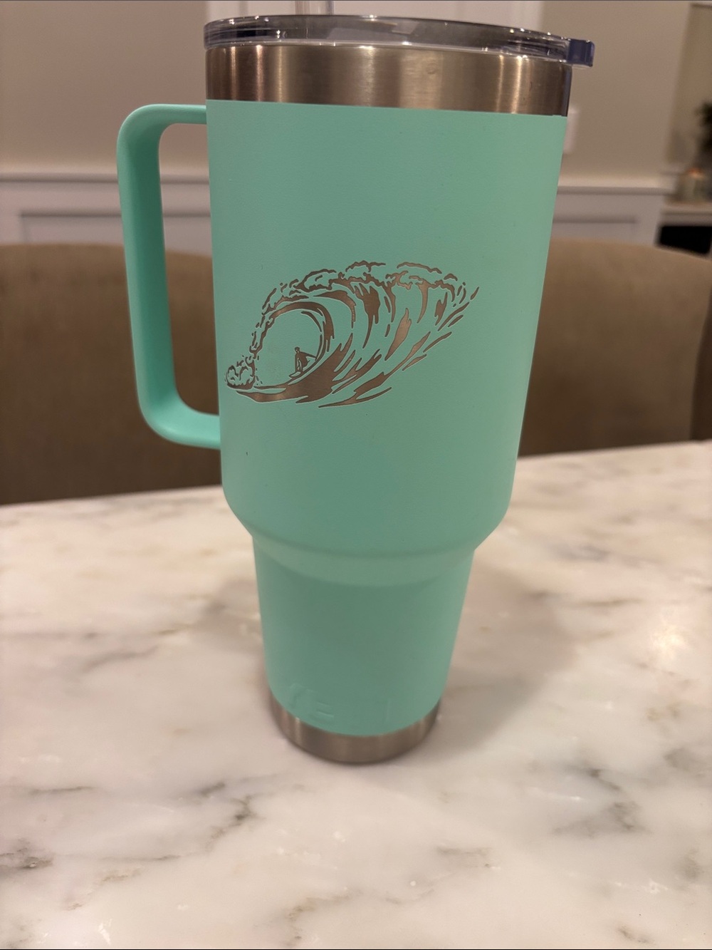 Yeti Mint Green Travel 42oz Tumbler with Wave K Graphic and Handle